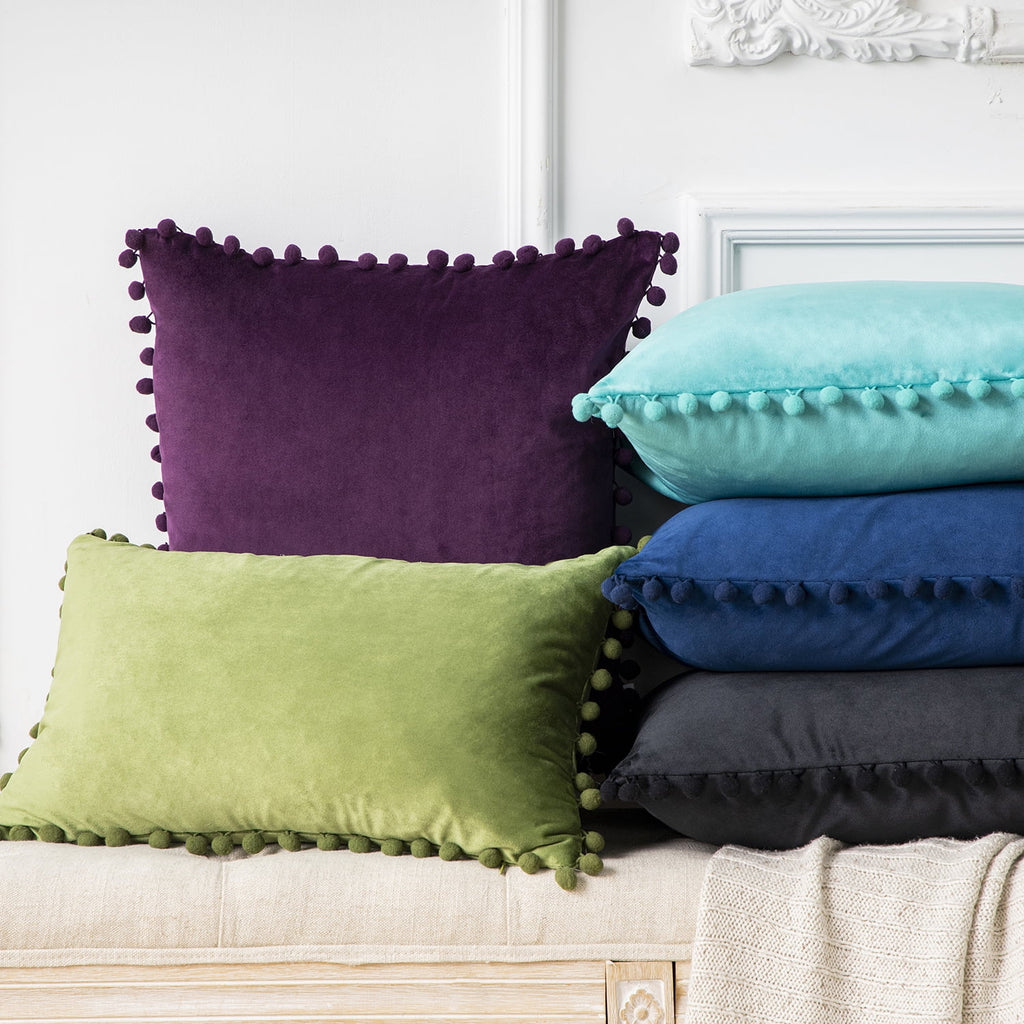 Silky Velvet Pom Pom Decorative Throw Pillows with Inserts, 12" x 20", Gray, Set of 2