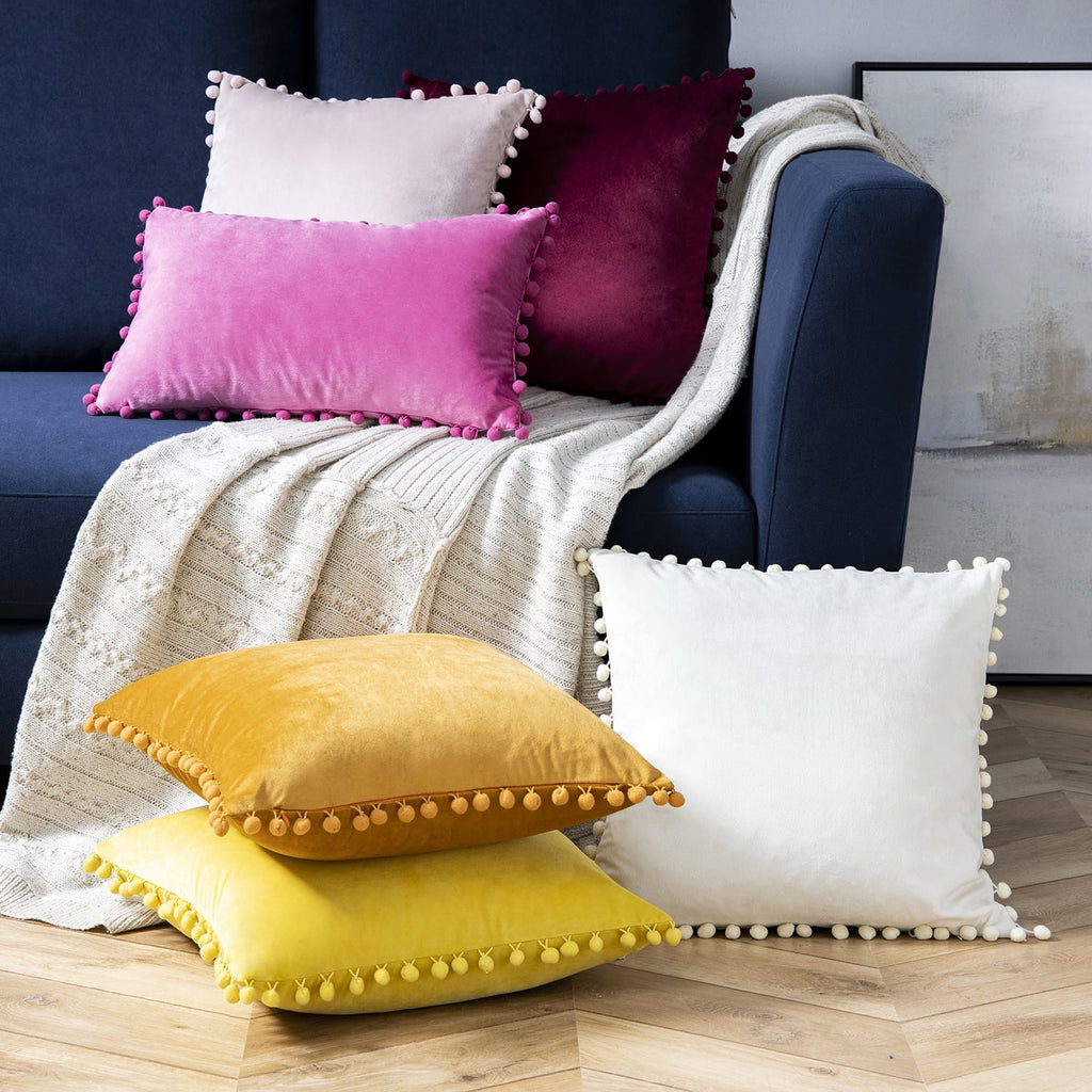 Silky Velvet Pom Pom Decorative Throw Pillows with Inserts, 12" x 20", Gray, Set of 2