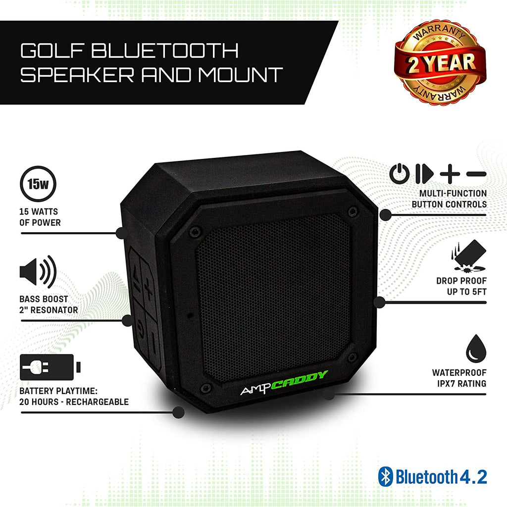 Golf Bluetooth Speaker with Mount - High-Performance Stereo Sound and Bass Boost, Extended Playtime and Range (V3 Pro - 15 Watts)