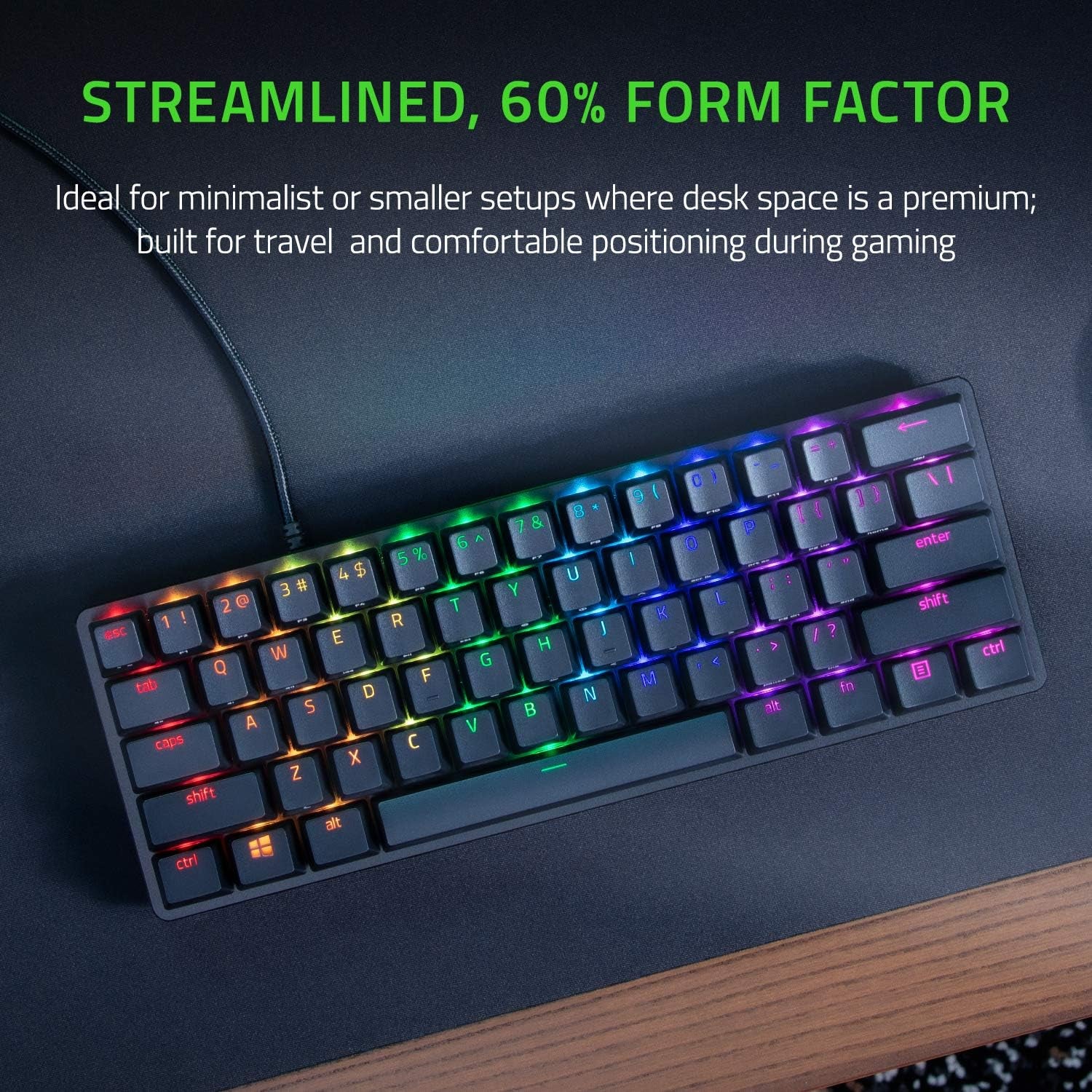 Huntsman Mini 60% Gaming Keyboard with Linear Optical Switches, Chroma RGB Lighting, PBT Keycaps, Onboard Memory, and Snap Tap Technology - Black