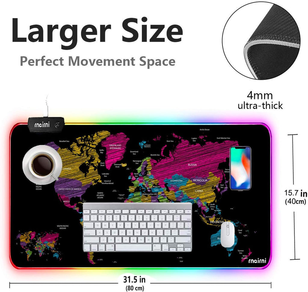 Extended RGB Gaming Mouse Pad - Large Waterproof Desk Mat with Anti-Slip Design for PC and Macbook - 31.5'' x 15.7'' (Black Map)
