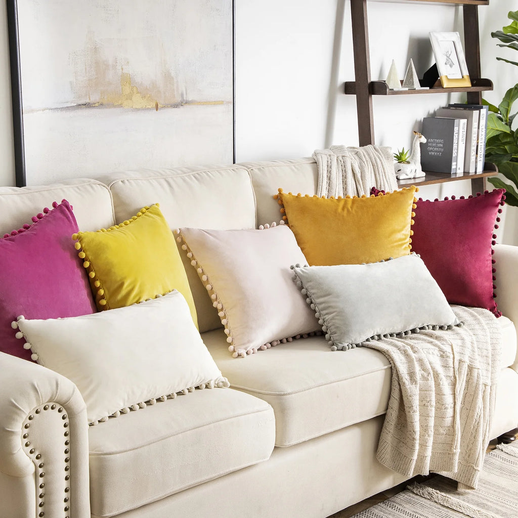 Silky Velvet Pom Pom Decorative Throw Pillows with Inserts, 12" x 20", Gray, Set of 2