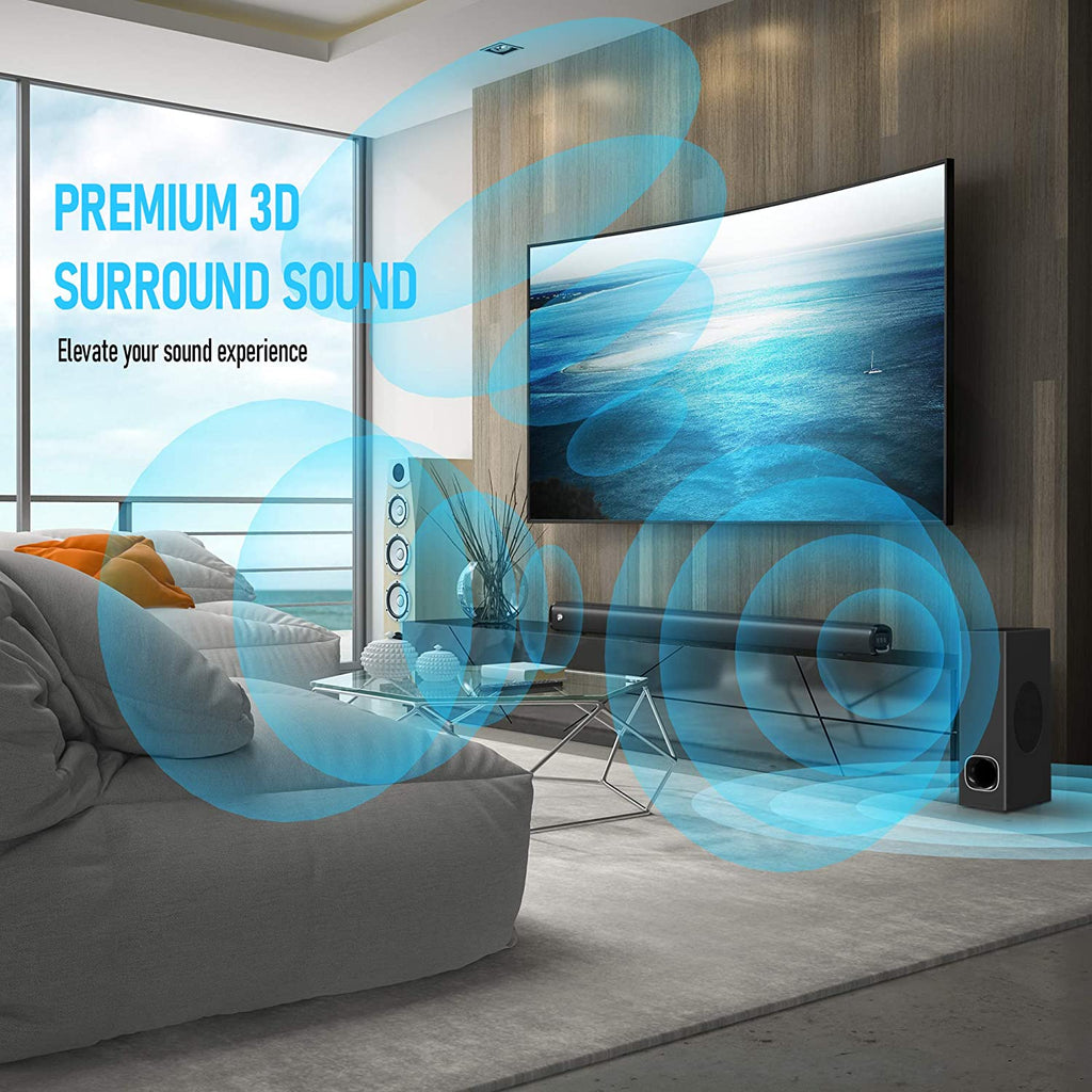 2.1 Channel Soundbar with Subwoofer and 3D Surround Sound, Compatible with 4K & HD TVs, HDMI (ARC), Optical, AUX, USB Drive, Bluetooth 5.0 (Model: P28, 160W)