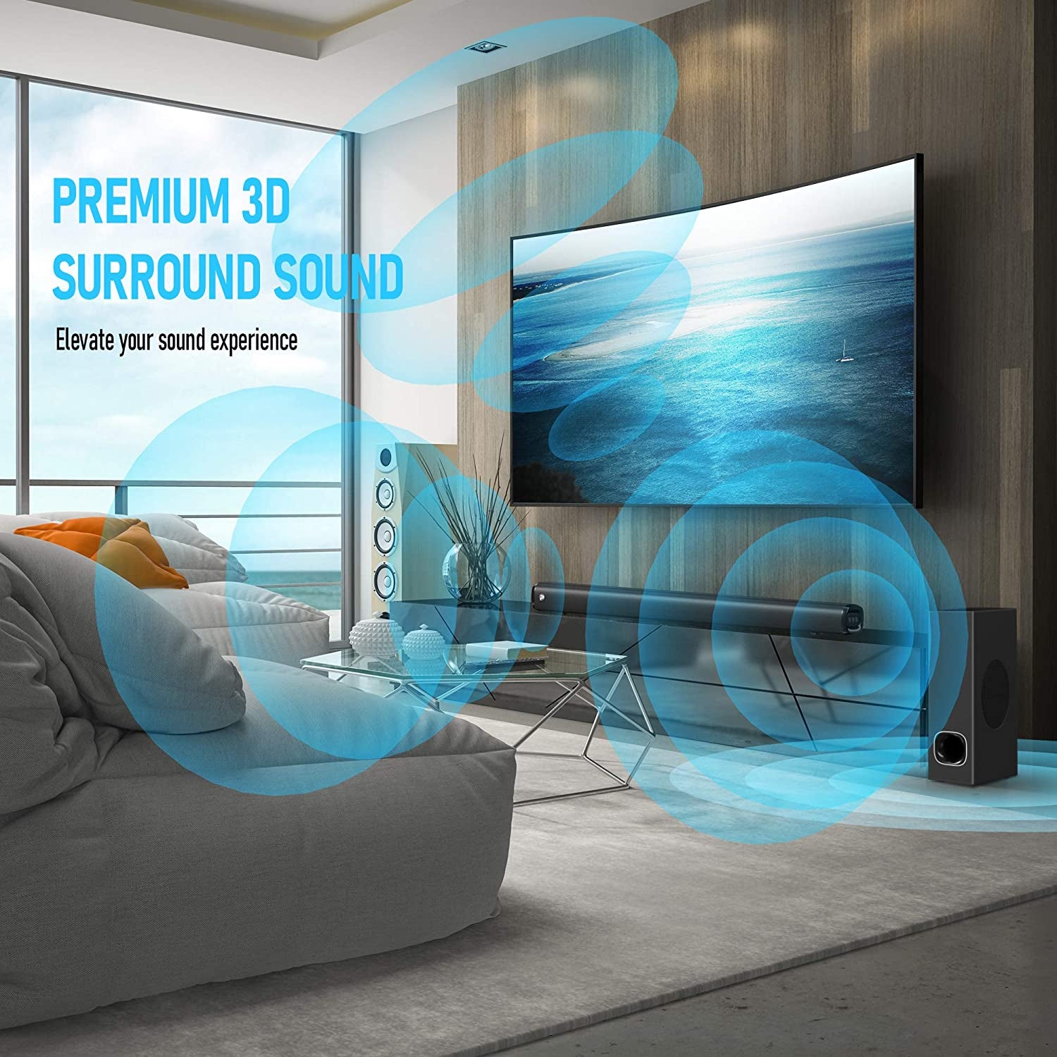 2.1 Channel Soundbar with Subwoofer and 3D Surround Sound, Compatible with 4K & HD TVs, HDMI (ARC), Optical, AUX, USB Drive, Bluetooth 5.0 (Model: P28, 160W)