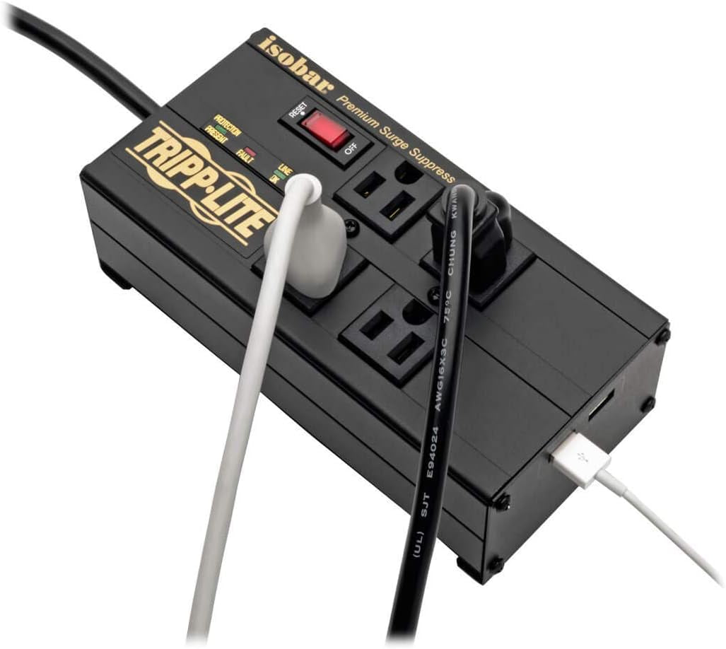 Isobar 4-Outlet Surge Protector Power Strip with Dual USB Charging Ports, 8-Foot Cord, Right-Angle Plug, Metal Construction, 3330 Joules Protection, Lifetime Warranty & $50,000 Insurance (Model: IBAR4ULTRAUSBB)