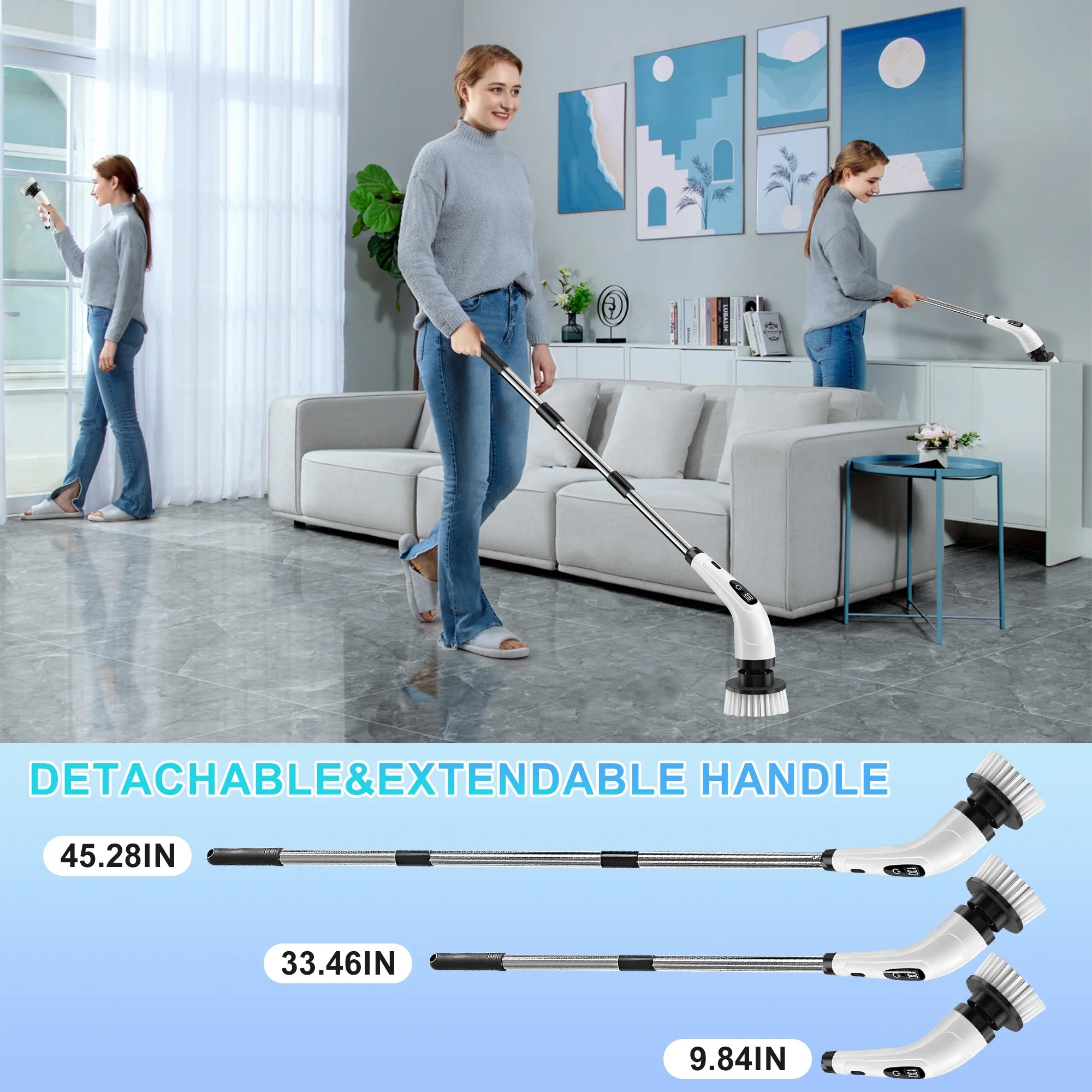 Limpiador Eléctrico Rotativo Inalámbrico con 8 Accesorios y Mango Extensible, Ideal para Baños, Cocinas, Azulejos y Pisos, Color Blanco