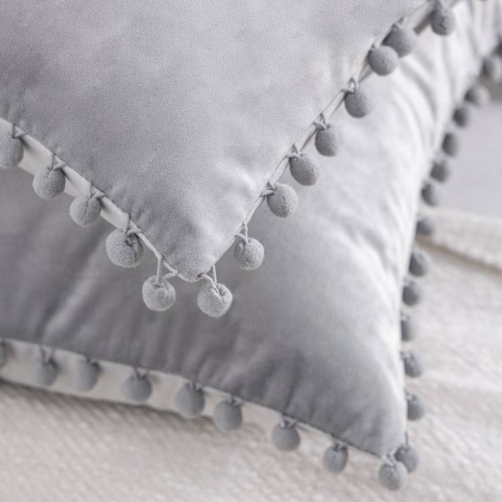 Silky Velvet Pom Pom Decorative Throw Pillows with Inserts, 12" x 20", Gray, Set of 2