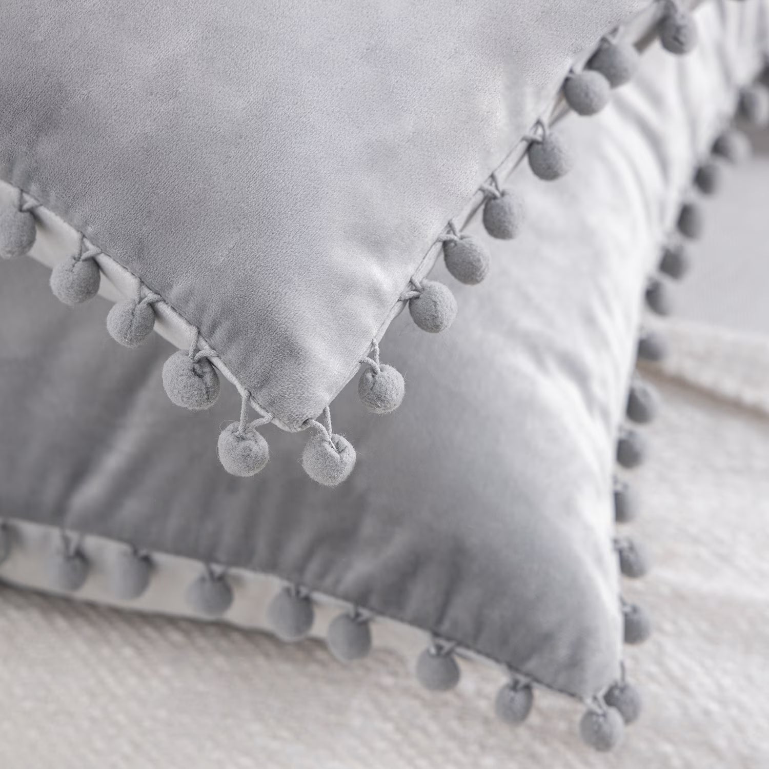 Silky Velvet Pom Pom Decorative Throw Pillows with Inserts, 12" x 20", Gray, Set of 2