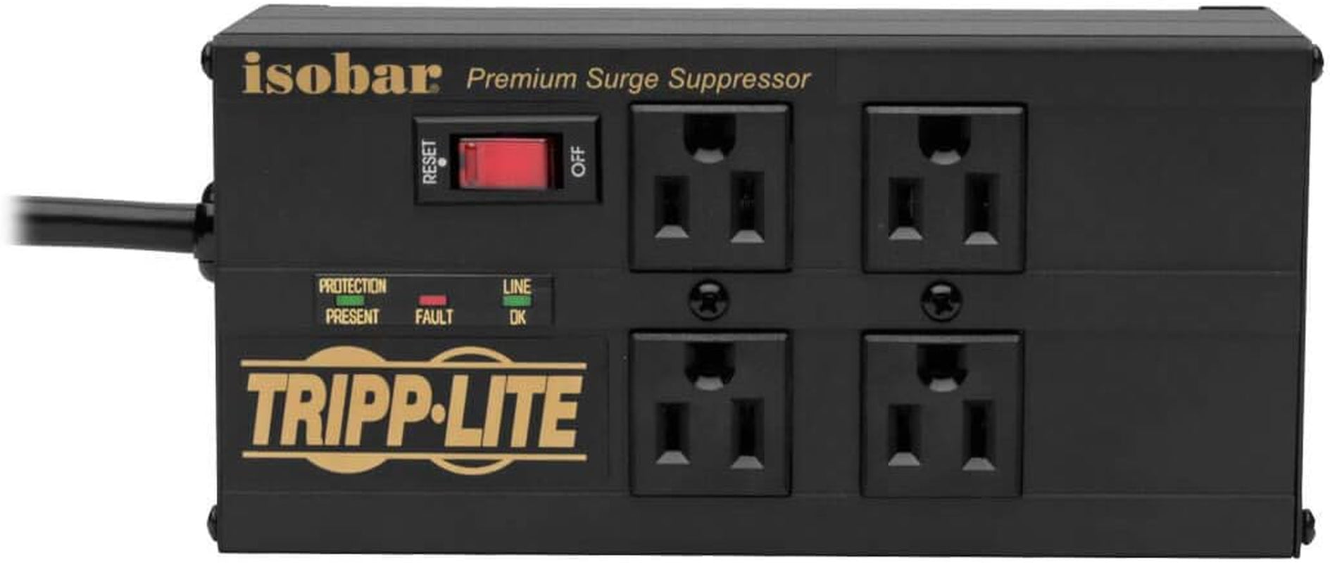 Isobar 4-Outlet Surge Protector Power Strip with Dual USB Charging Ports, 8-Foot Cord, Right-Angle Plug, Metal Construction, 3330 Joules Protection, Lifetime Warranty & $50,000 Insurance (Model: IBAR4ULTRAUSBB)