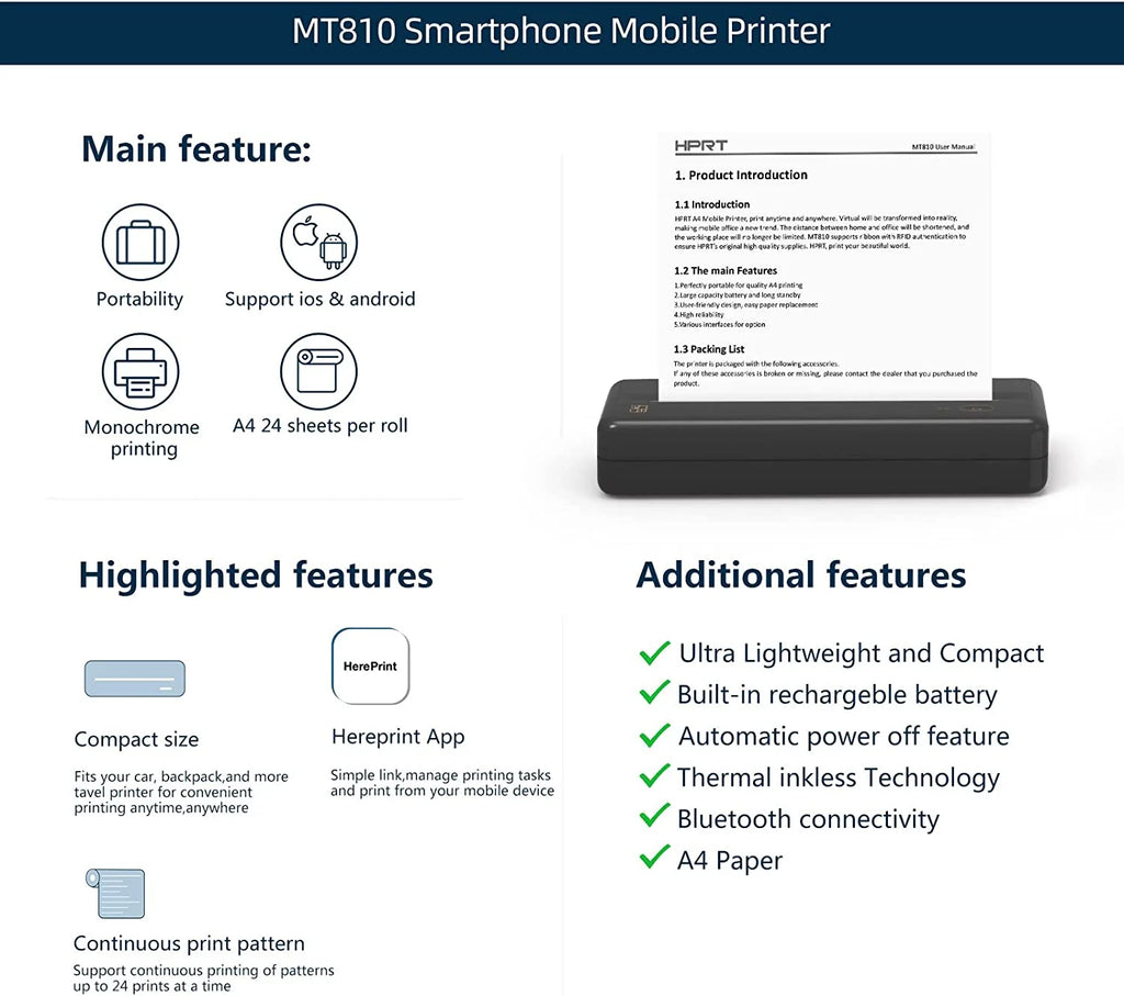 HPRT MT810 Portable A4 Wireless Bluetooth Thermal Printer for Home, Office, and Travel - Compatible with 8" and 4" Thermal Roll Paper