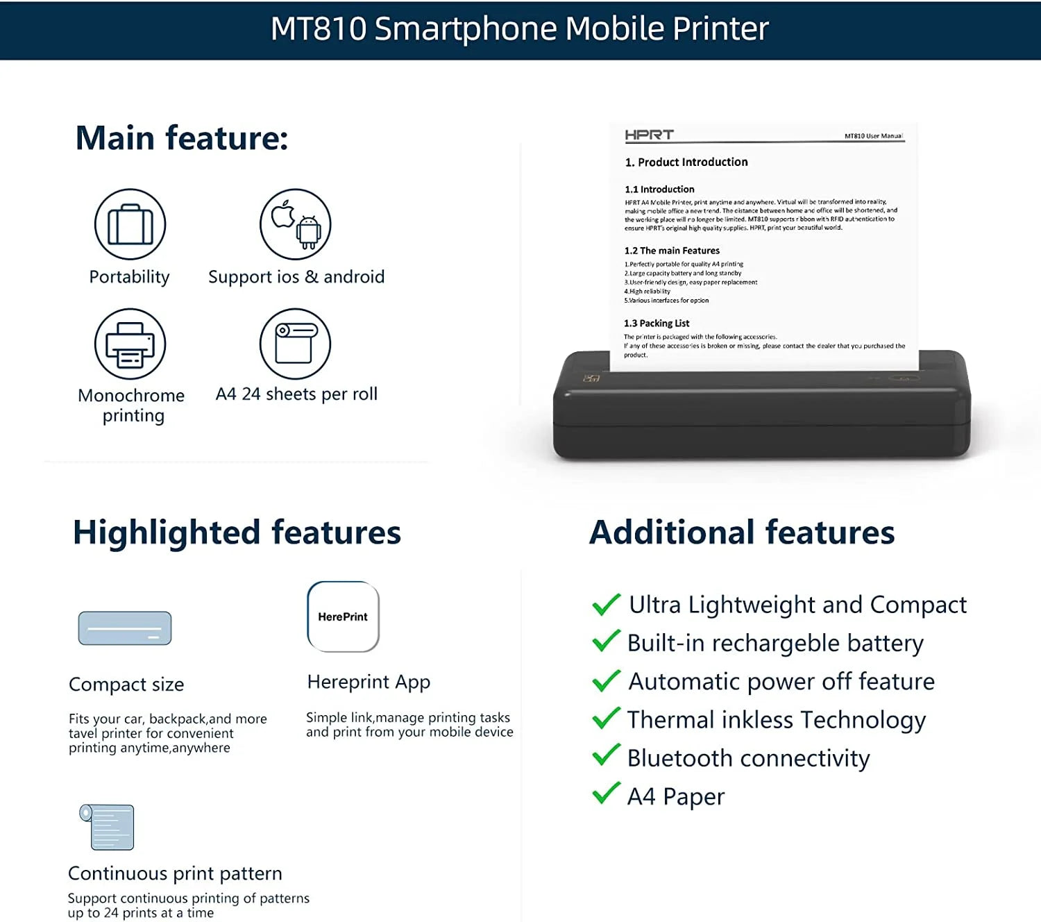 HPRT MT810 Portable A4 Wireless Bluetooth Thermal Printer for Home, Office, and Travel - Compatible with 8" and 4" Thermal Roll Paper