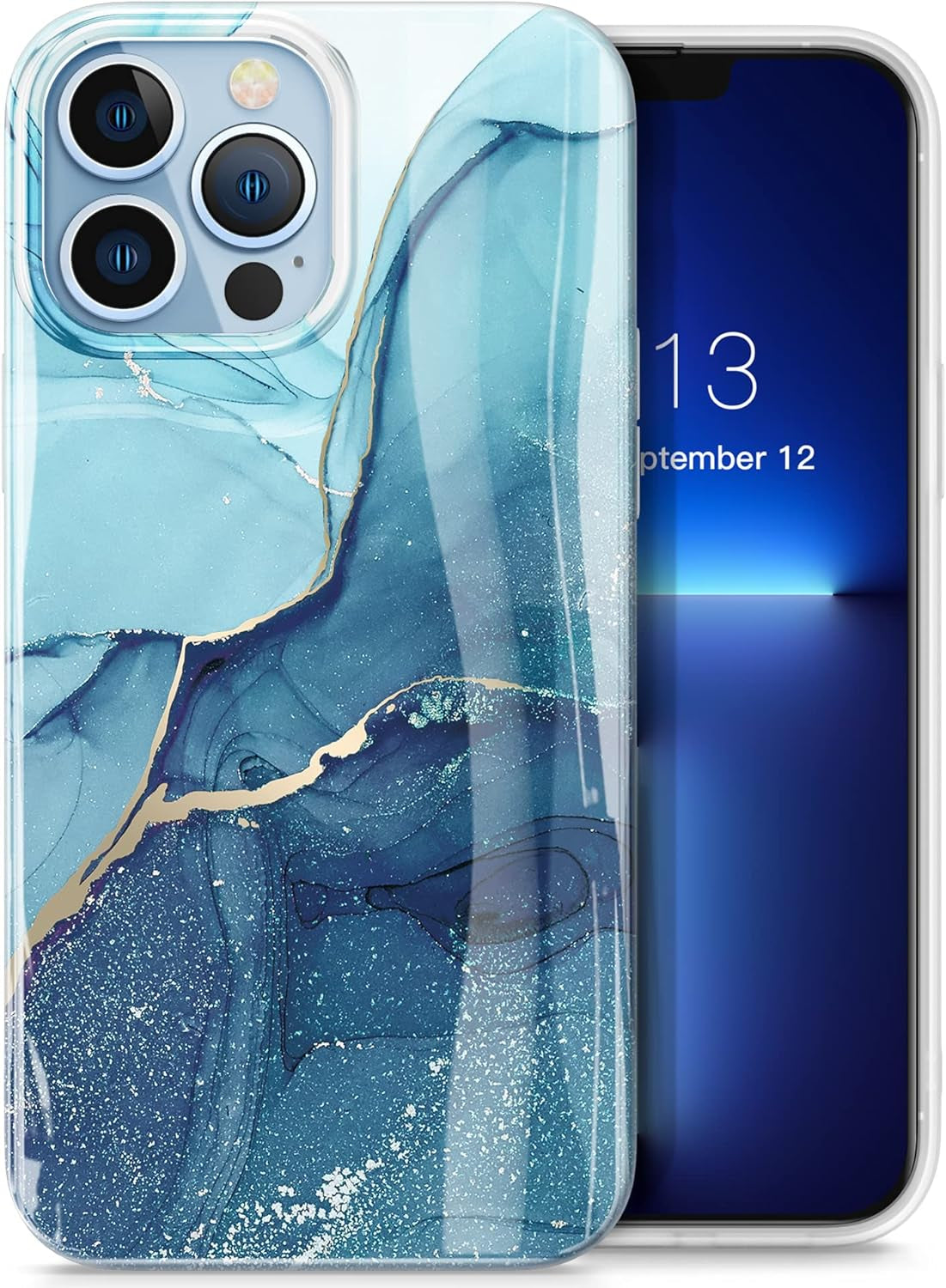 iPhone 13 Pro Max Case - Navy Blue Marble Soft TPU Shockproof Protective Cover, Ultra Slim and Glossy Design, 6.7" (2021)