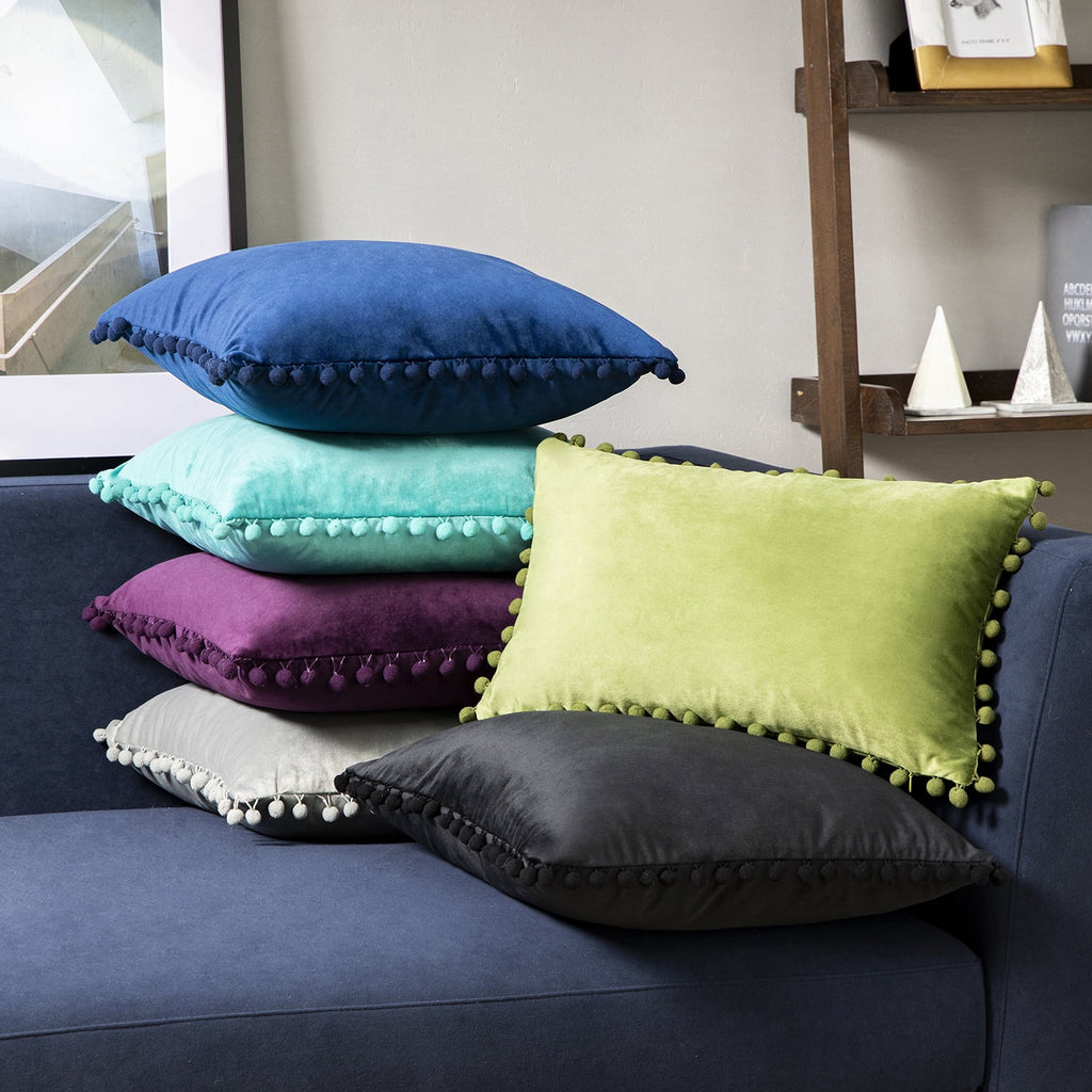 Silky Velvet Pom Pom Decorative Throw Pillows with Inserts, 12" x 20", Gray, Set of 2