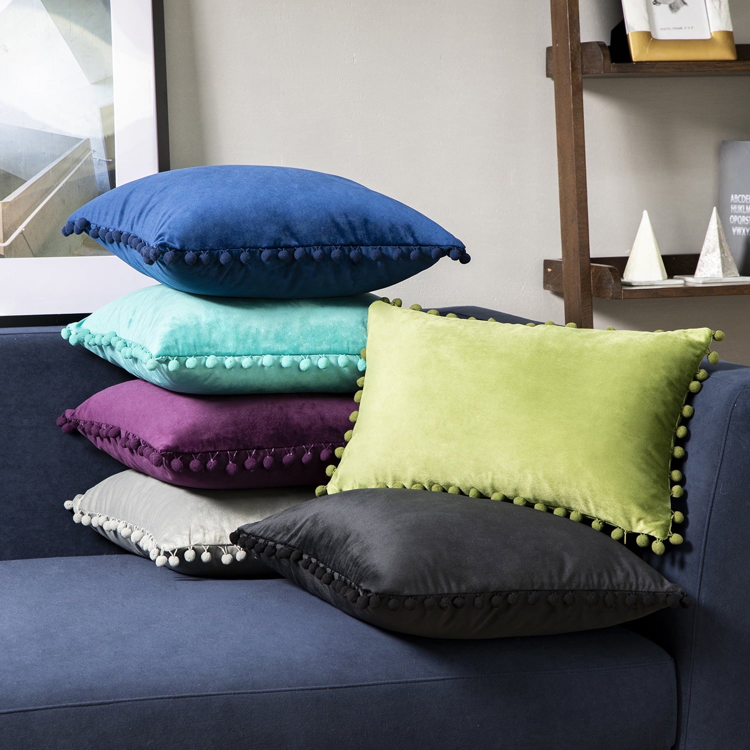 Silky Velvet Pom Pom Decorative Throw Pillows with Inserts, 12" x 20", Gray, Set of 2