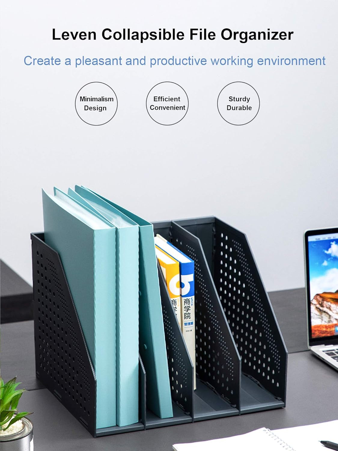 Collapsible Magazine File Holder and Desk Organizer with Four Vertical Compartments for Efficient Office Storage and Organization
