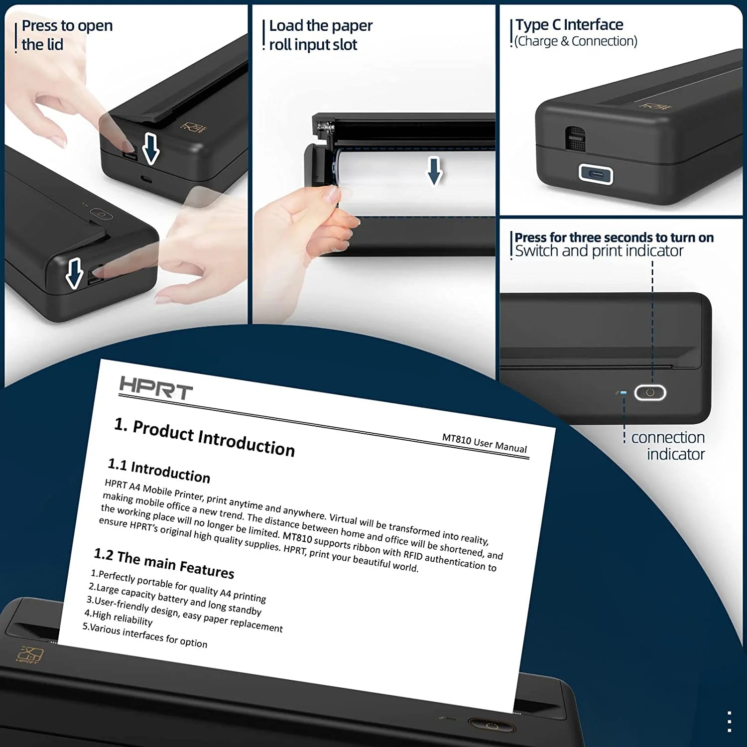 HPRT MT810 Portable A4 Wireless Bluetooth Thermal Printer for Home, Office, and Travel - Compatible with 8" and 4" Thermal Roll Paper