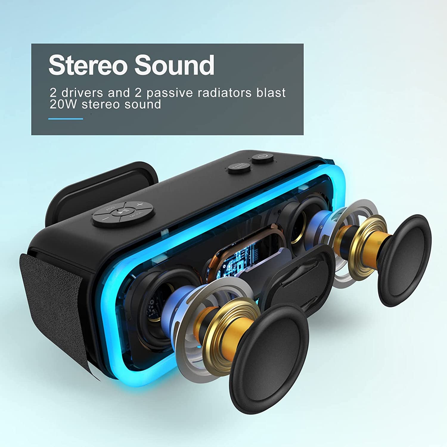 Soundbox Pro Bluetooth Speaker - 20W Stereo Sound, Active Extra Bass, 20-Hour Playtime, Multi-Color Lighting, Wireless Stereo Pairing, IPX6 Waterproof - Ideal for Outdoor Activities and Gatherings - Blue