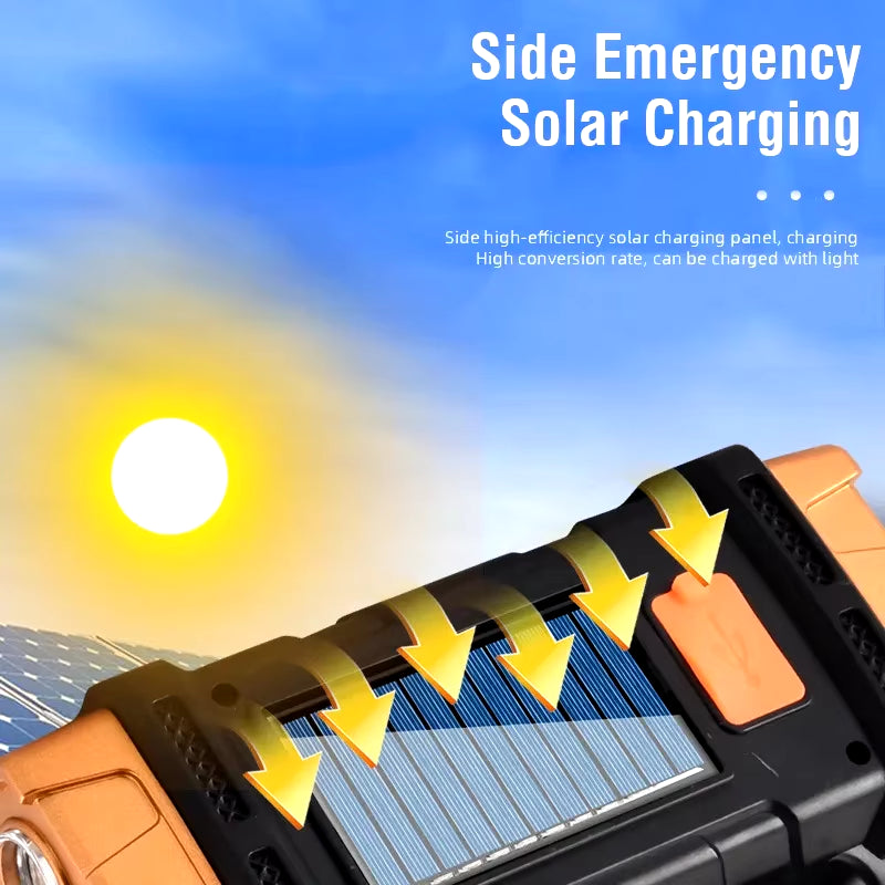 USB Rechargeable Portable Flashlight with Solar LED and COB Work Light - 4 Gear Charging Capability for Mobile Phones and Camping Use