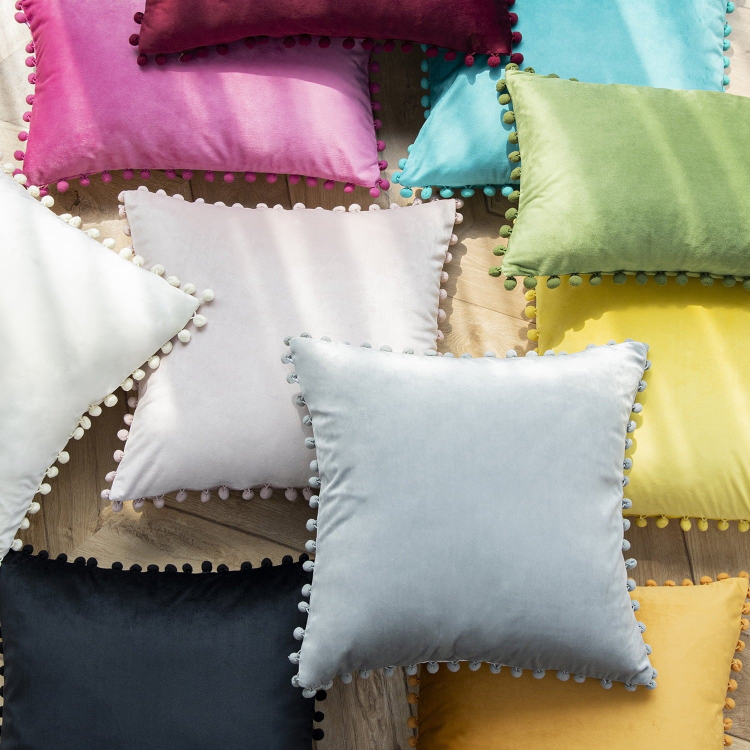 Silky Velvet Pom Pom Decorative Throw Pillows with Inserts, 12" x 20", Gray, Set of 2