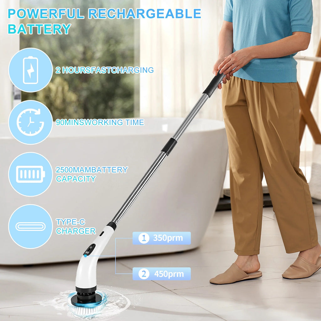Limpiador Eléctrico Rotativo Inalámbrico con 8 Accesorios y Mango Extensible, Ideal para Baños, Cocinas, Azulejos y Pisos, Color Blanco