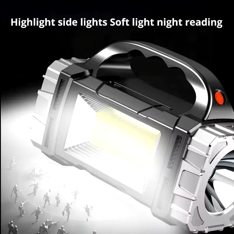 USB Rechargeable Portable Flashlight with Solar LED and COB Work Light - 4 Gear Charging Capability for Mobile Phones and Camping Use