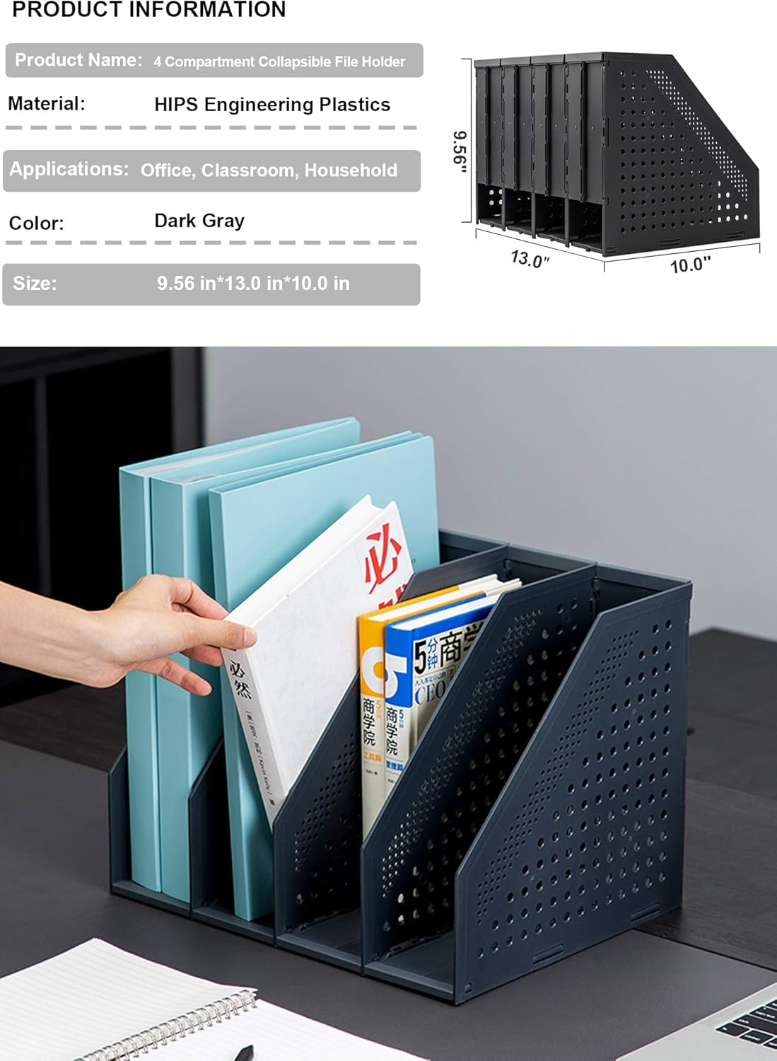 Collapsible Magazine File Holder and Desk Organizer with Four Vertical Compartments for Efficient Office Storage and Organization