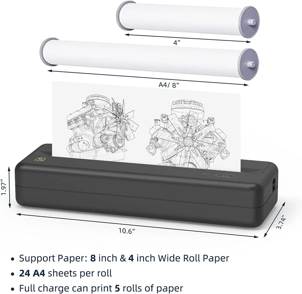 HPRT MT810 Portable A4 Wireless Bluetooth Thermal Printer for Home, Office, and Travel - Compatible with 8" and 4" Thermal Roll Paper