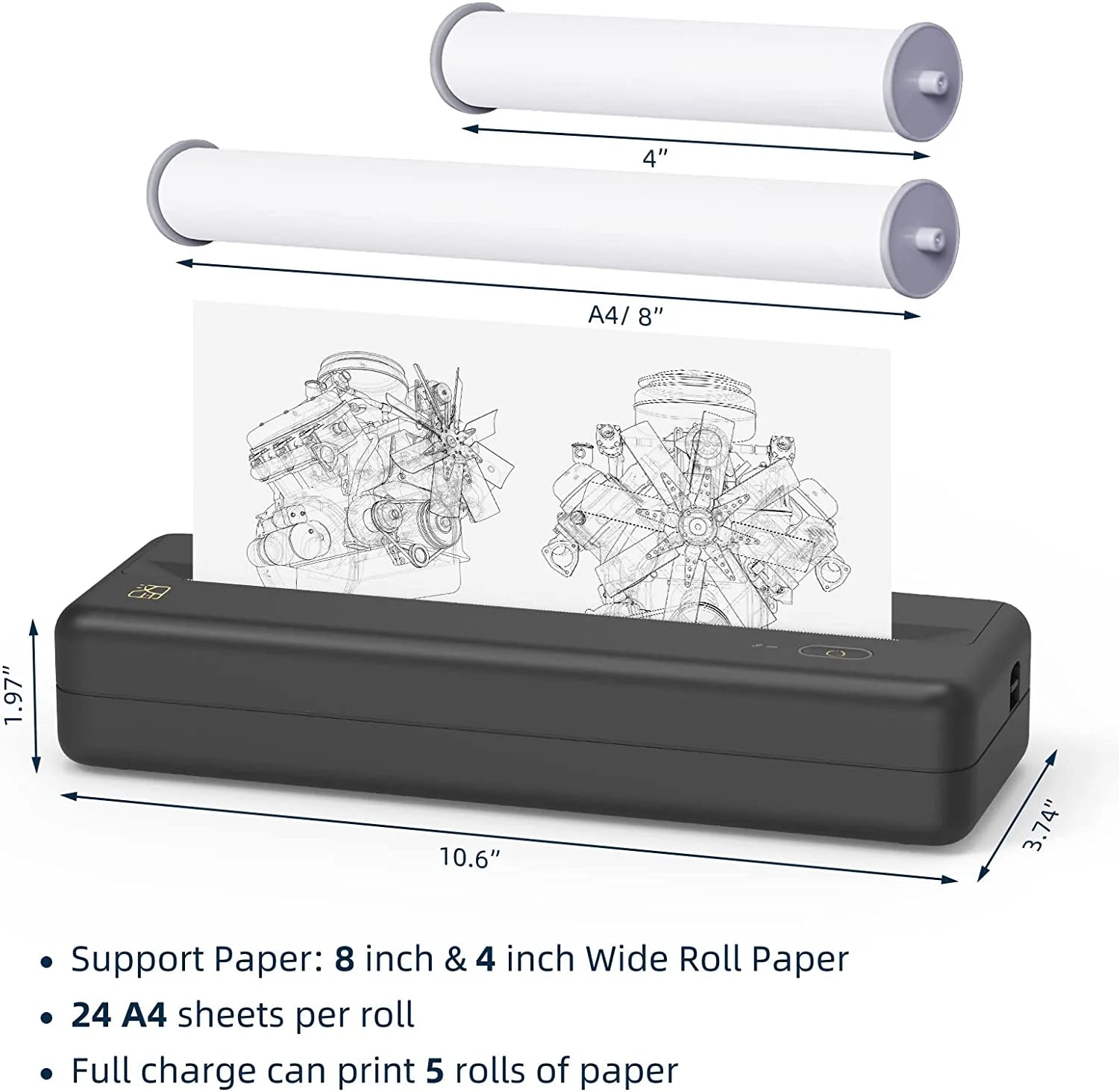 HPRT MT810 Portable A4 Wireless Bluetooth Thermal Printer for Home, Office, and Travel - Compatible with 8" and 4" Thermal Roll Paper