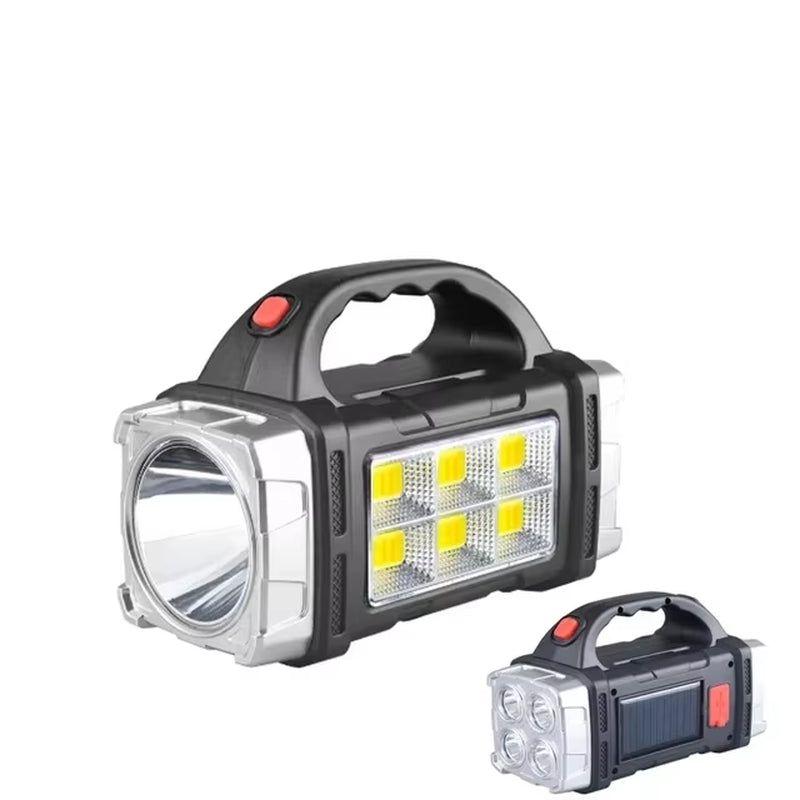 USB Rechargeable Portable Flashlight with Solar LED and COB Work Light - 4 Gear Charging Capability for Mobile Phones and Camping Use