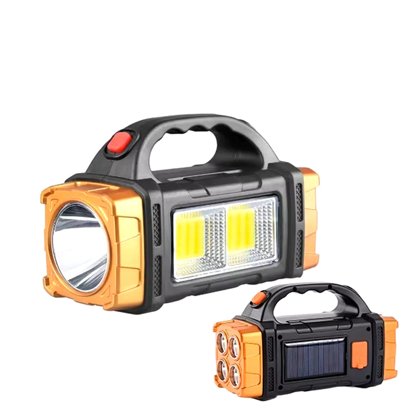 USB Rechargeable Portable Flashlight with Solar LED and COB Work Light - 4 Gear Charging Capability for Mobile Phones and Camping Use