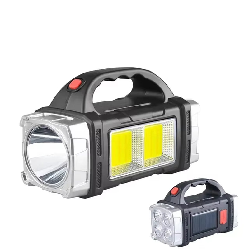 USB Rechargeable Portable Flashlight with Solar LED and COB Work Light - 4 Gear Charging Capability for Mobile Phones and Camping Use