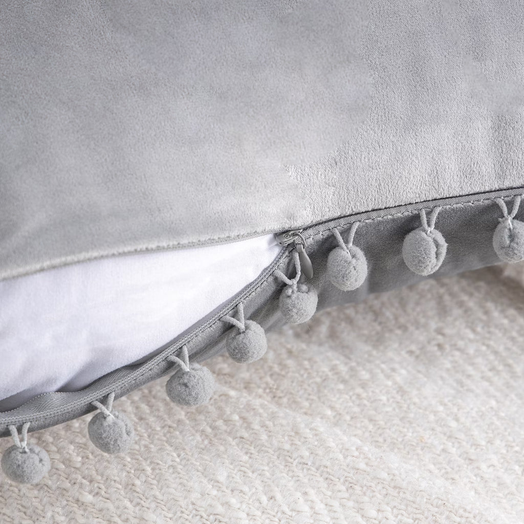 Silky Velvet Pom Pom Decorative Throw Pillows with Inserts, 12" x 20", Gray, Set of 2