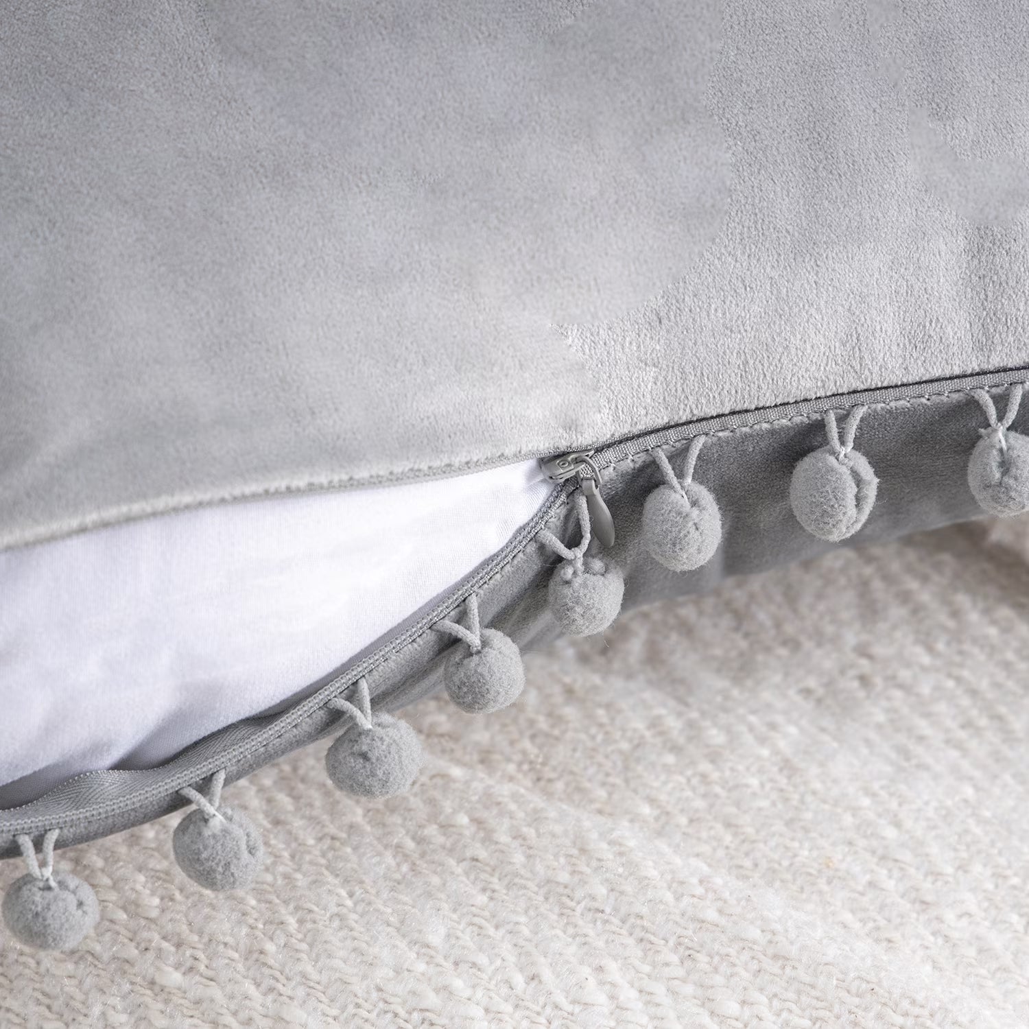 Silky Velvet Pom Pom Decorative Throw Pillows with Inserts, 12" x 20", Gray, Set of 2