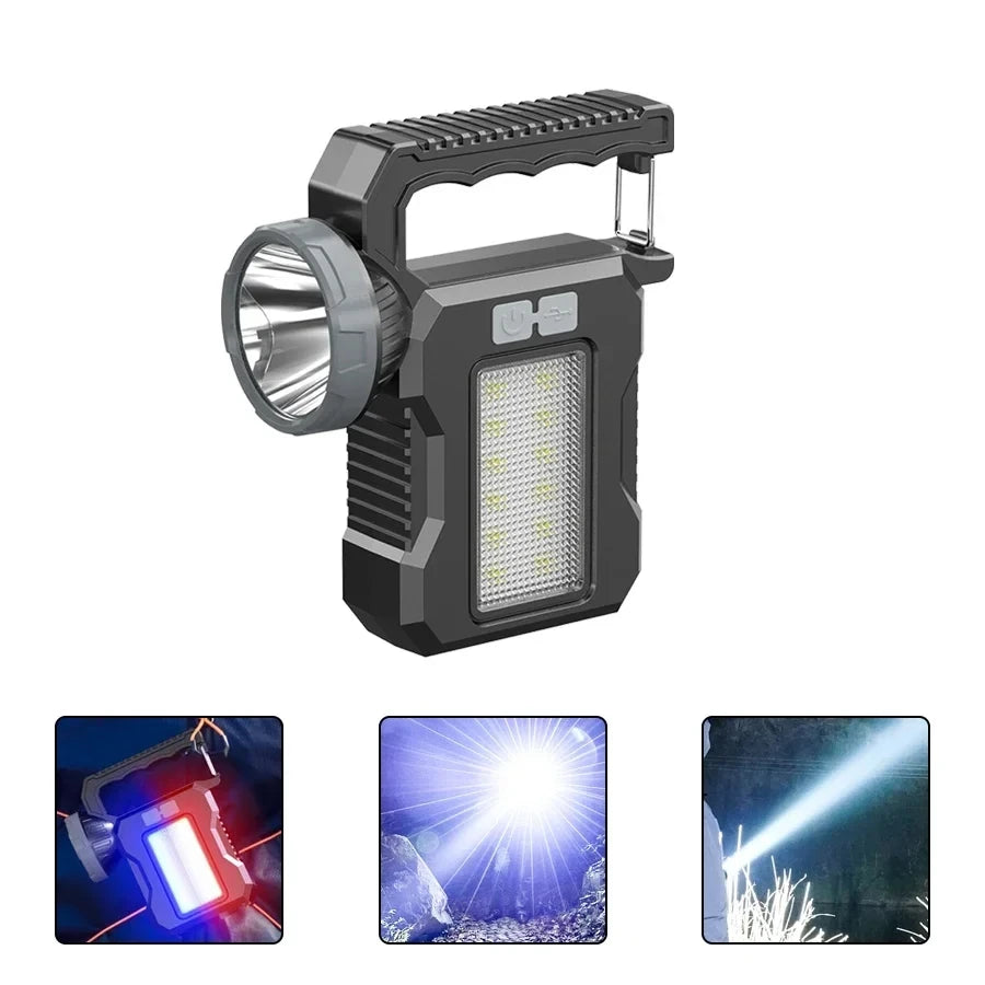 USB Rechargeable Portable Flashlight with Solar LED and COB Work Light - 4 Gear Charging Capability for Mobile Phones and Camping Use