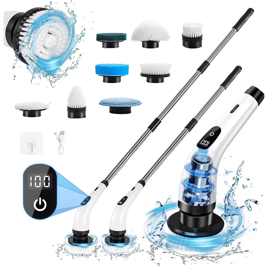 Limpiador Eléctrico Rotativo Inalámbrico con 8 Accesorios y Mango Extensible, Ideal para Baños, Cocinas, Azulejos y Pisos, Color Blanco