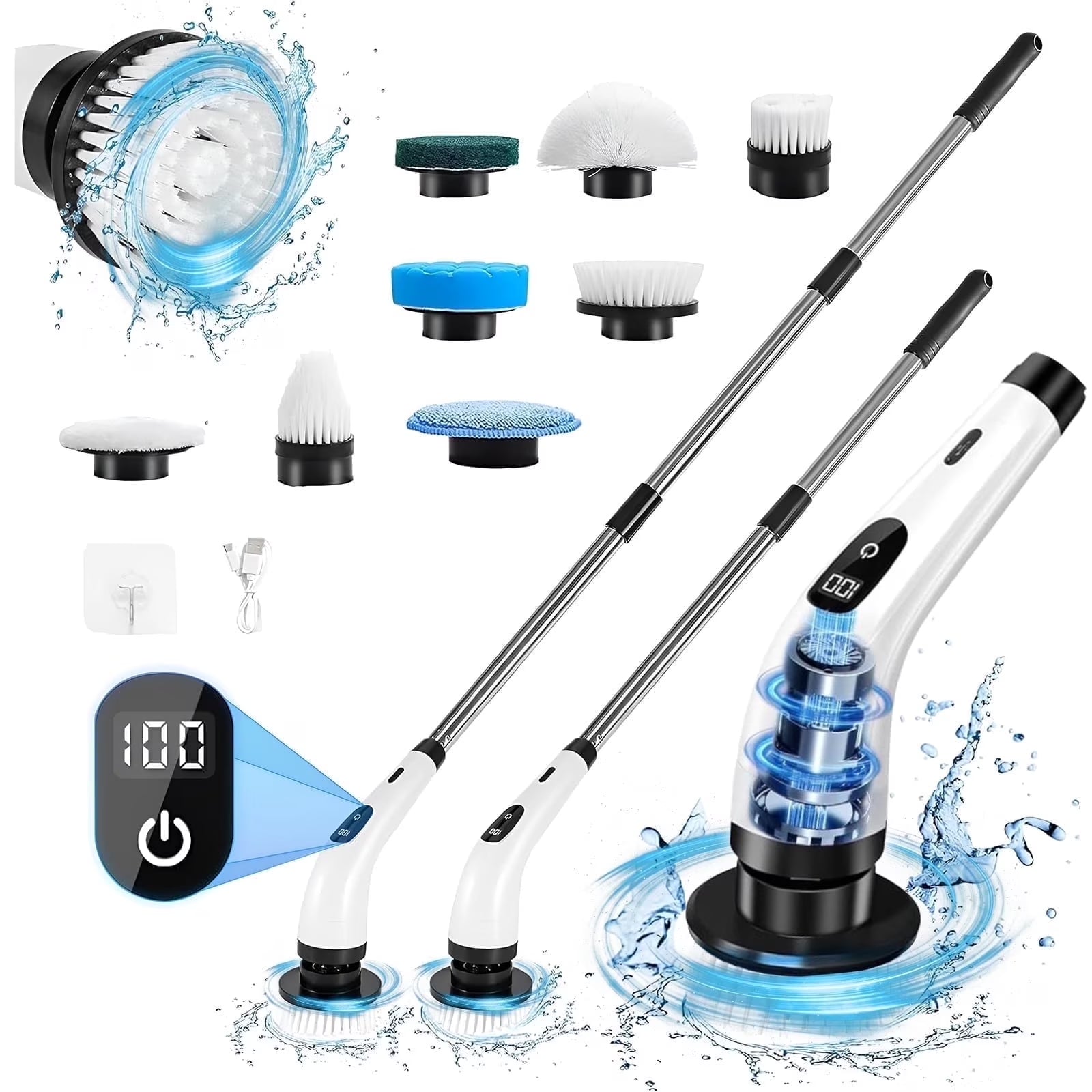 Limpiador Eléctrico Rotativo Inalámbrico con 8 Accesorios y Mango Extensible, Ideal para Baños, Cocinas, Azulejos y Pisos, Color Blanco
