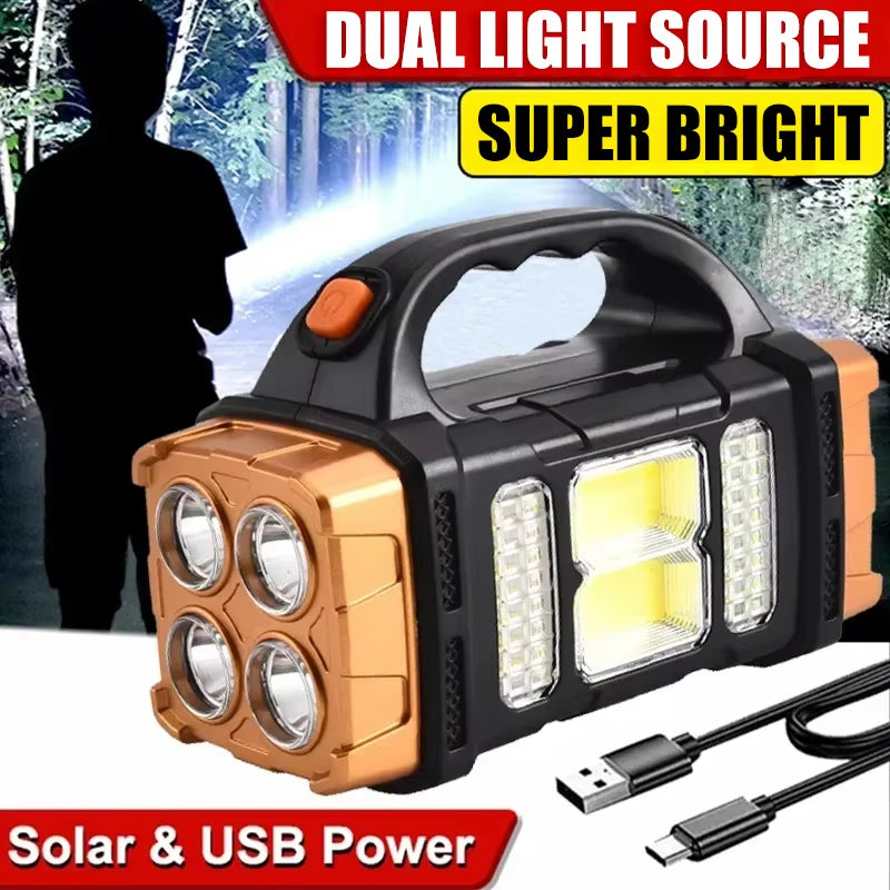USB Rechargeable Portable Flashlight with Solar LED and COB Work Light - 4 Gear Charging Capability for Mobile Phones and Camping Use