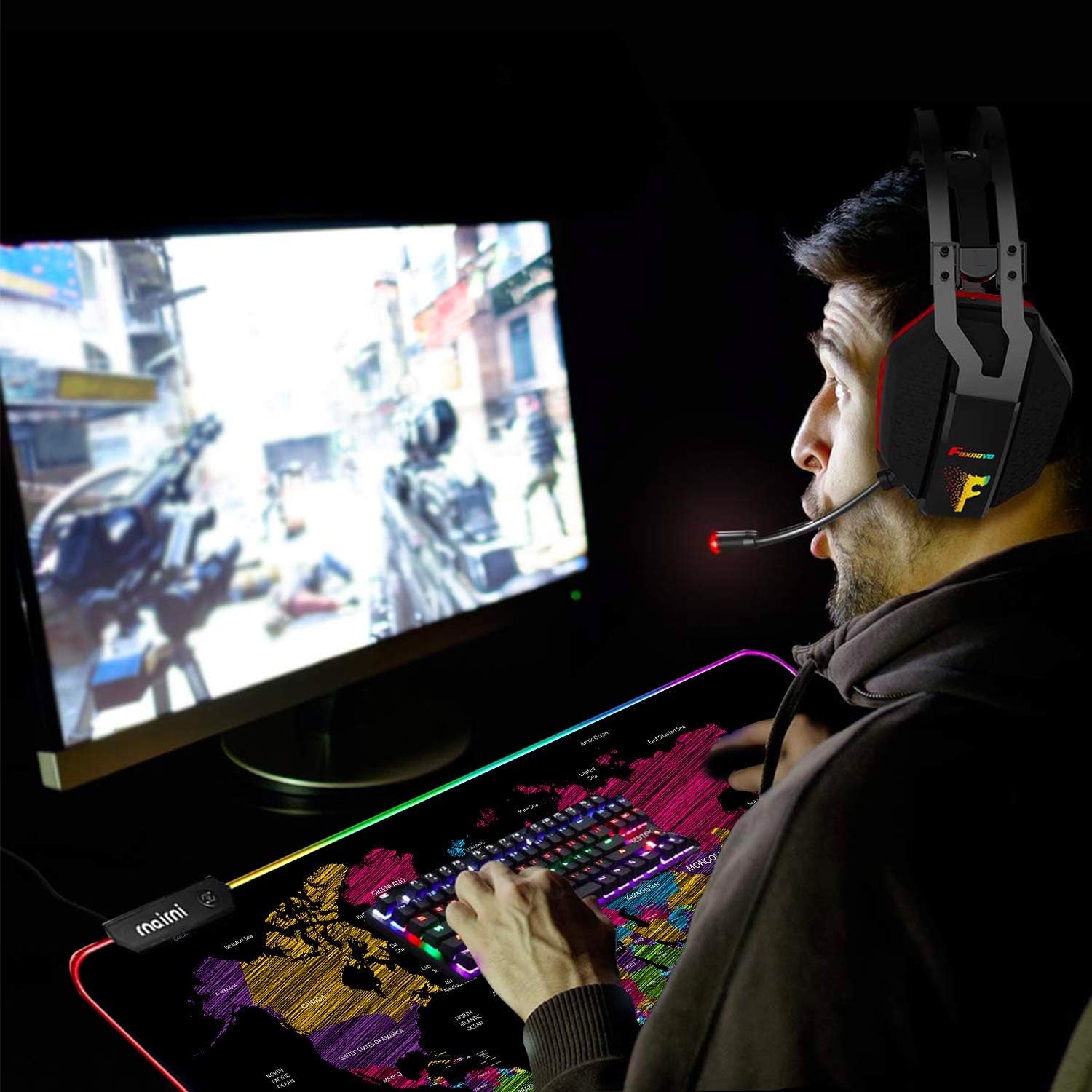 Extended RGB Gaming Mouse Pad - Large Waterproof Desk Mat with Anti-Slip Design for PC and Macbook - 31.5'' x 15.7'' (Black Map)