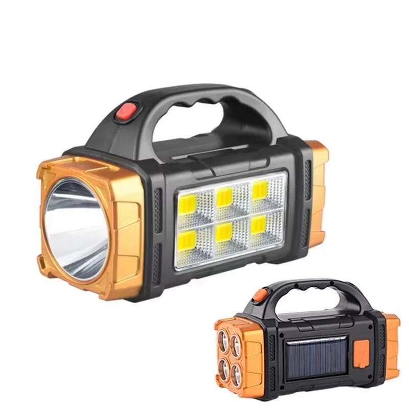 USB Rechargeable Portable Flashlight with Solar LED and COB Work Light - 4 Gear Charging Capability for Mobile Phones and Camping Use