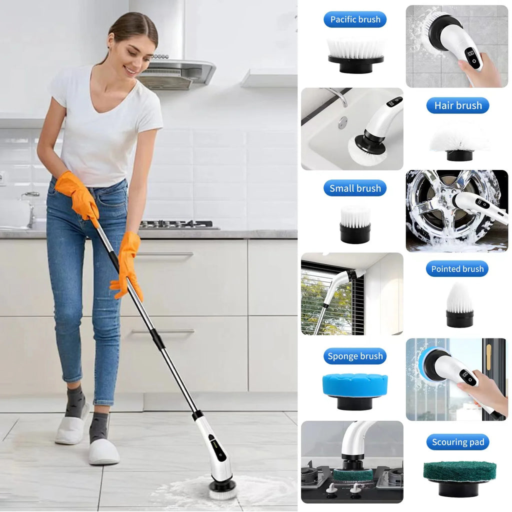 Limpiador Eléctrico Rotativo Inalámbrico con 8 Accesorios y Mango Extensible, Ideal para Baños, Cocinas, Azulejos y Pisos, Color Blanco