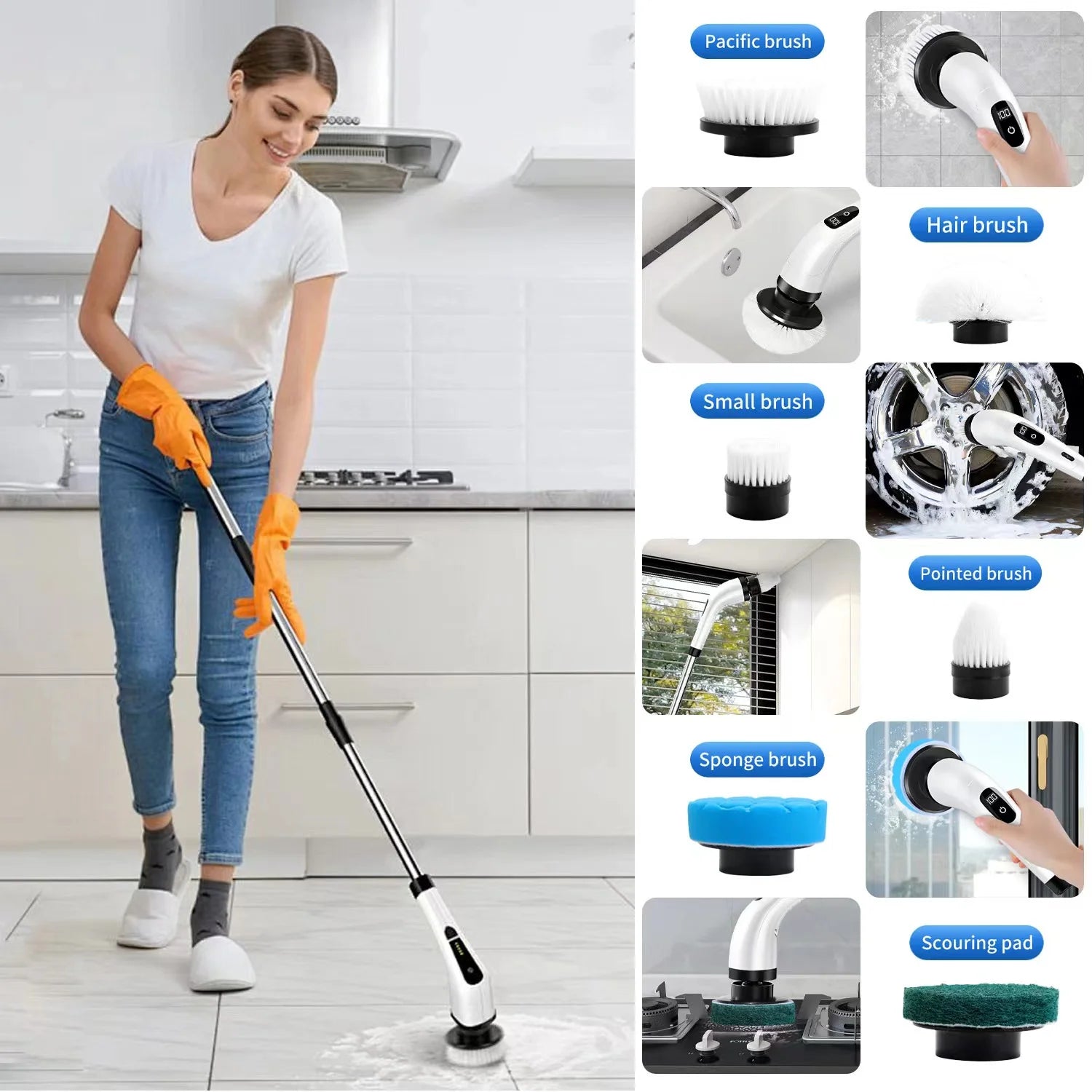 Limpiador Eléctrico Rotativo Inalámbrico con 8 Accesorios y Mango Extensible, Ideal para Baños, Cocinas, Azulejos y Pisos, Color Blanco