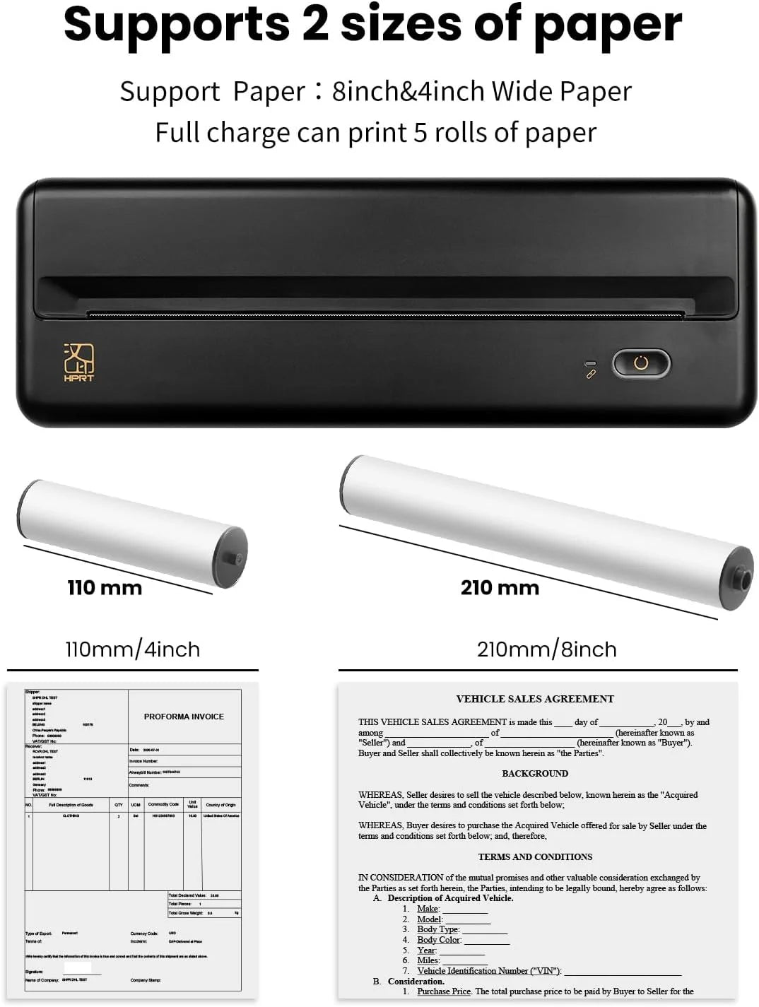 HPRT MT810 Portable A4 Wireless Bluetooth Thermal Printer for Home, Office, and Travel - Compatible with 8" and 4" Thermal Roll Paper