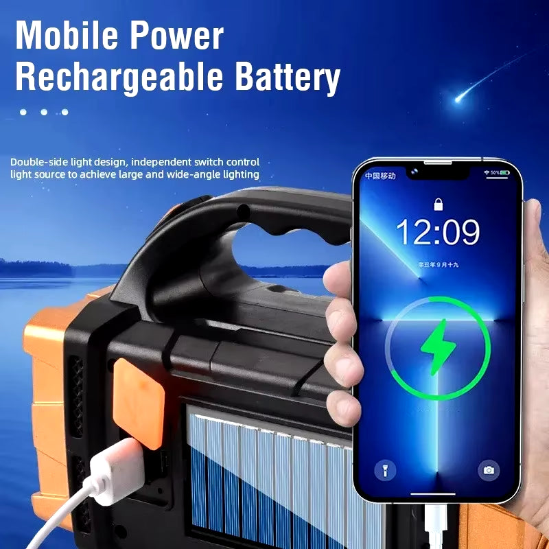 USB Rechargeable Portable Flashlight with Solar LED and COB Work Light - 4 Gear Charging Capability for Mobile Phones and Camping Use