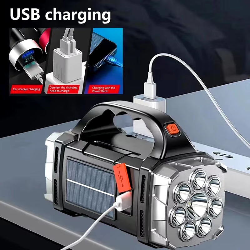 USB Rechargeable Portable Flashlight with Solar LED and COB Work Light - 4 Gear Charging Capability for Mobile Phones and Camping Use
