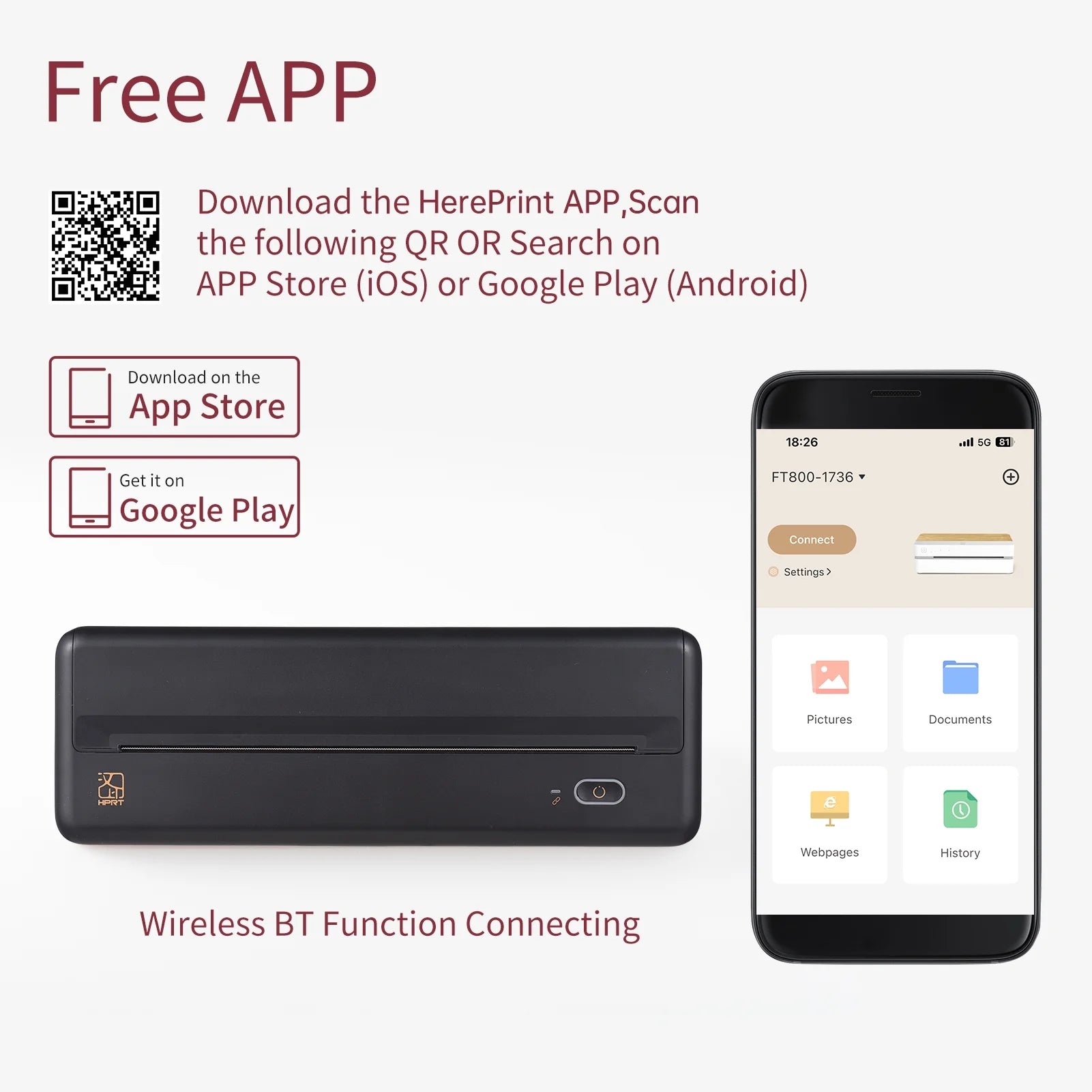 HPRT MT810 Portable A4 Wireless Bluetooth Thermal Printer for Home, Office, and Travel - Compatible with 8" and 4" Thermal Roll Paper