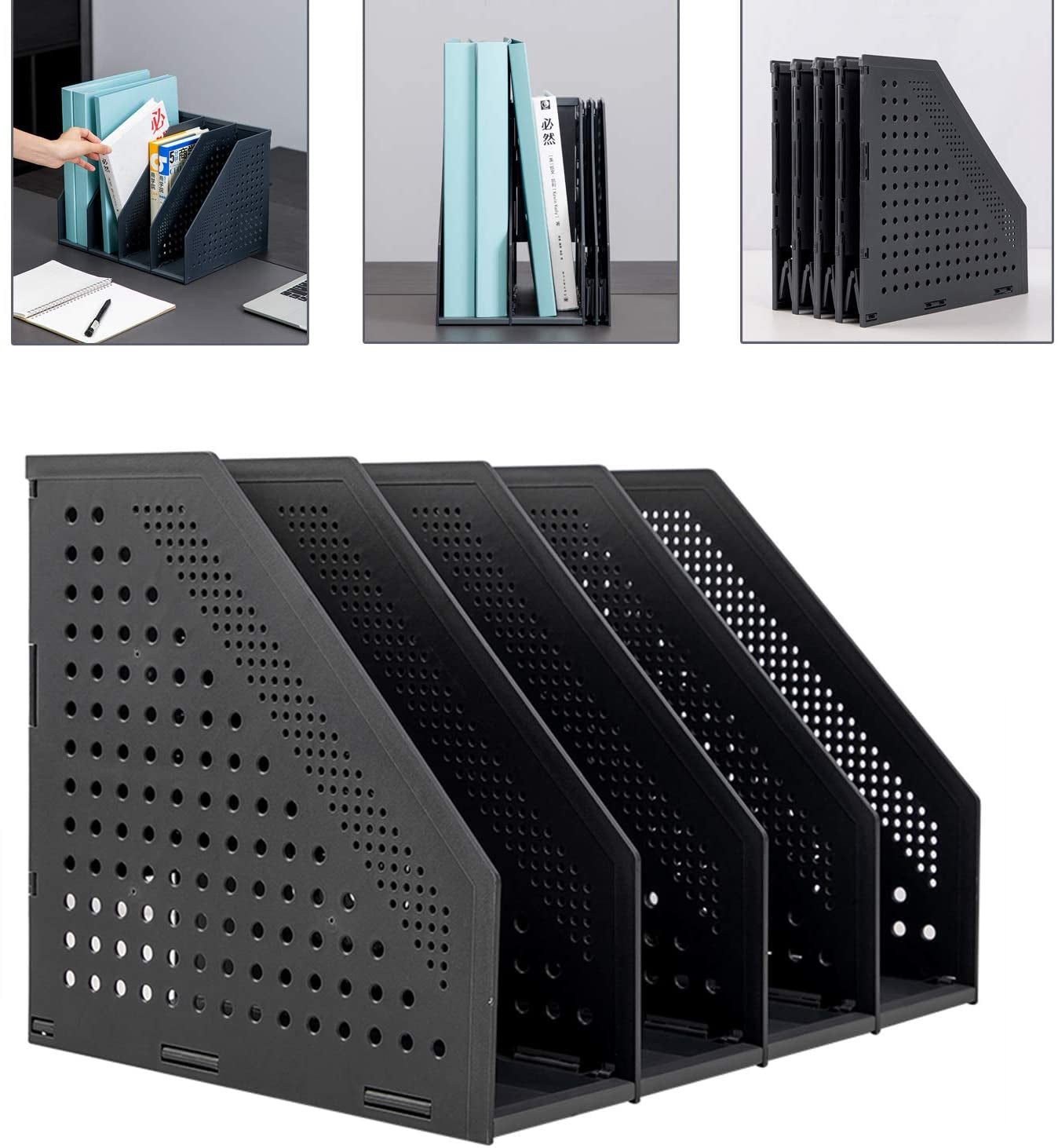 Collapsible Magazine File Holder and Desk Organizer with Four Vertical Compartments for Efficient Office Storage and Organization