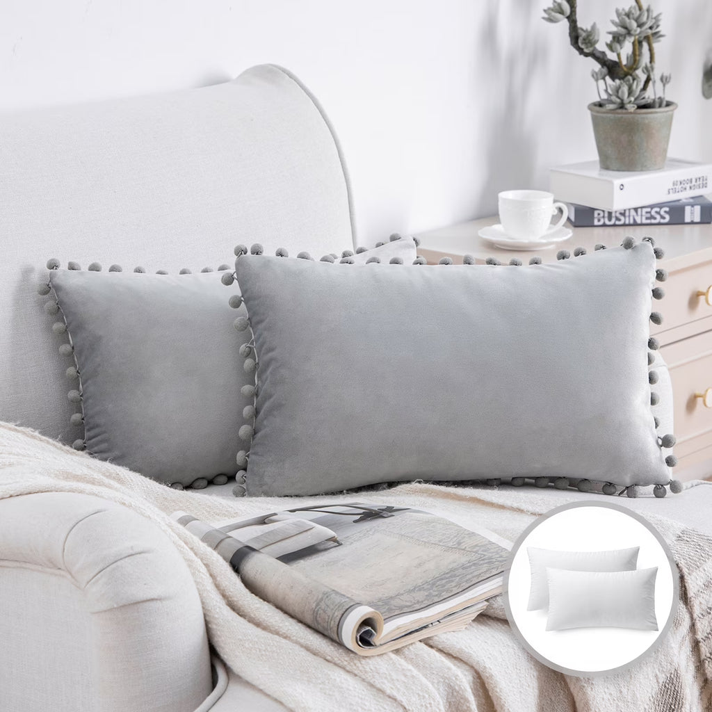 Silky Velvet Pom Pom Decorative Throw Pillows with Inserts, 12" x 20", Gray, Set of 2