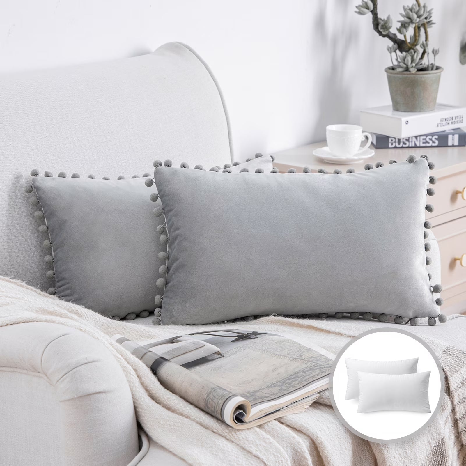Silky Velvet Pom Pom Decorative Throw Pillows with Inserts, 12" x 20", Gray, Set of 2
